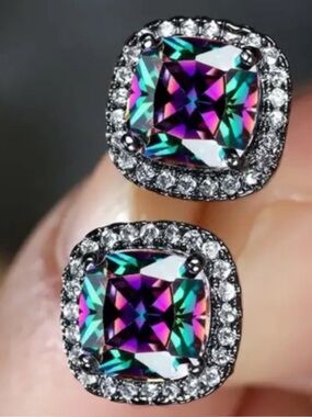 Multicolour Square Shape Crystal/Cubic Zirconia Stud Earrings.